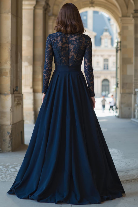 Navy High Neck Long Sleeves Chiffon A-Line Long Mother of the Bride Dress with Lace