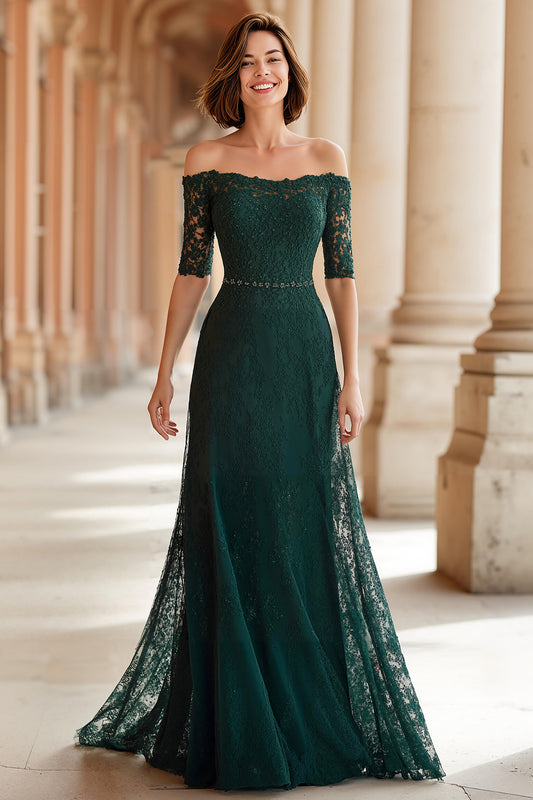 Dark Green Off the Shoulder Lace A-Line Long Mother of the Bride Dress with Sleeves