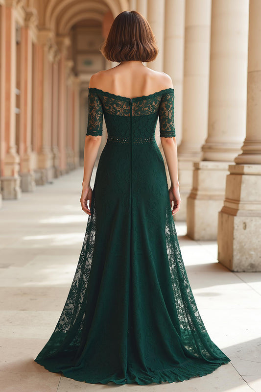 Dark Green Off the Shoulder Lace A-Line Long Mother of the Bride Dress with Sleeves
