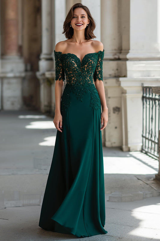 Dark Green Off the Shoulder Chiffon Sheath Long Mother of the Bride Dress with Lace