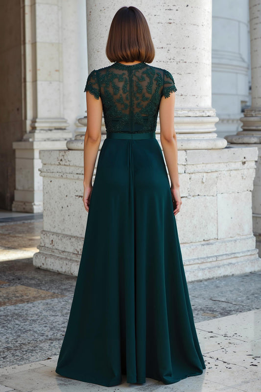 Peacock Green Round Neck Chiffon A-Line Long Mother of the Bride Dress with Beading