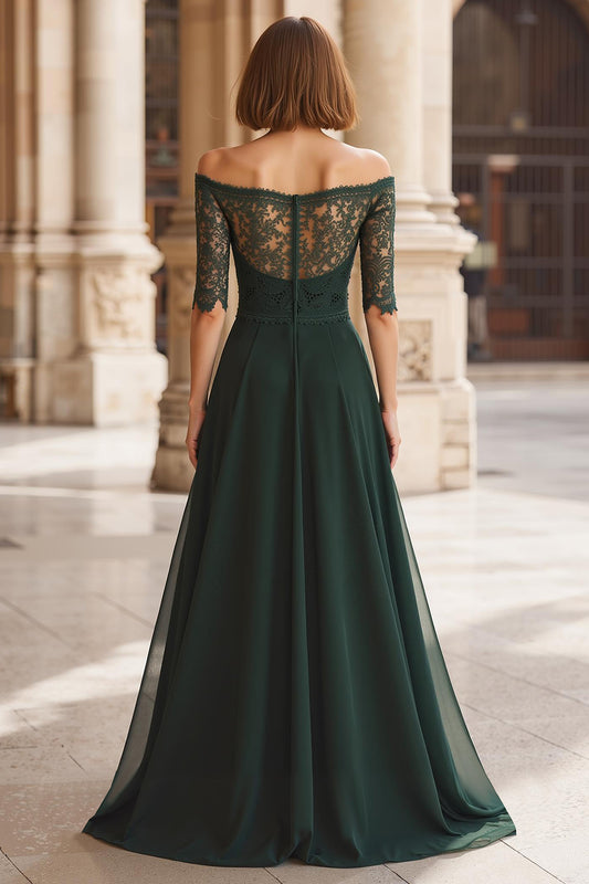 Pine Green Off the Shoulder Chiffon A-Line Long Mother of the Bride Dress with Lace