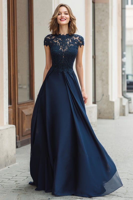 Navy Round Neck A-Line Chiffon Long Mother of the Bride Dress with Lace