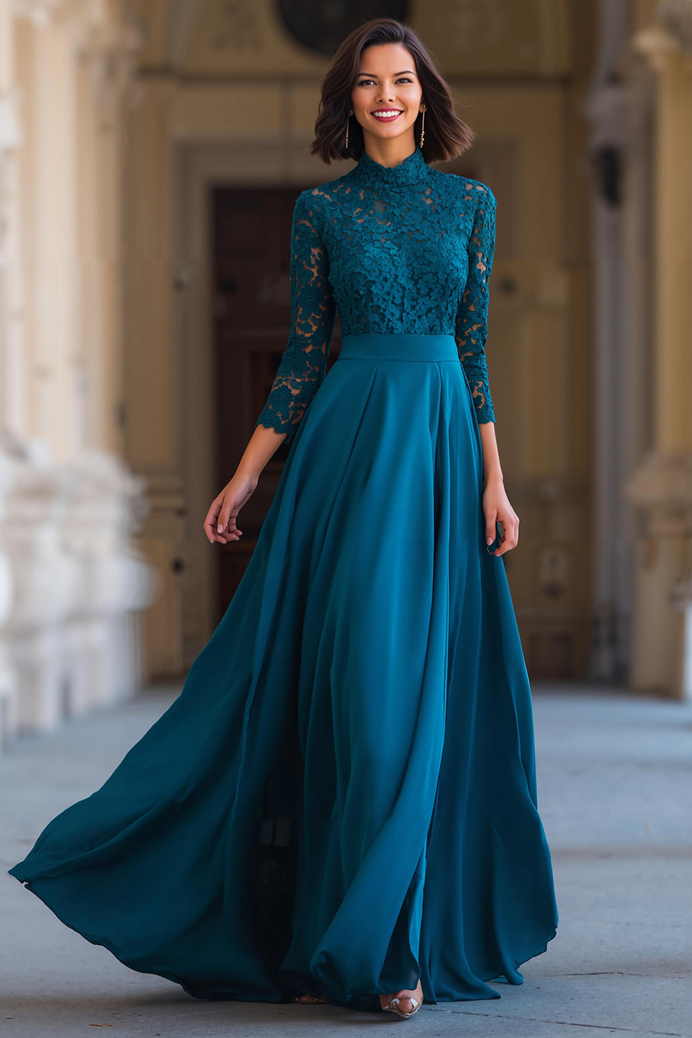 Peacock Blue High Neck Chiffon A-Line Long Mother of the Bride Dress with Lace Peacock Blue High Neck Chiffon A-Line Long Mother of the Bride Dress with Lace