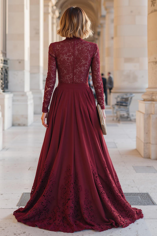 Burgundy High Neck Chiffon A-Line Long Mother of the Bride Dress with Lace