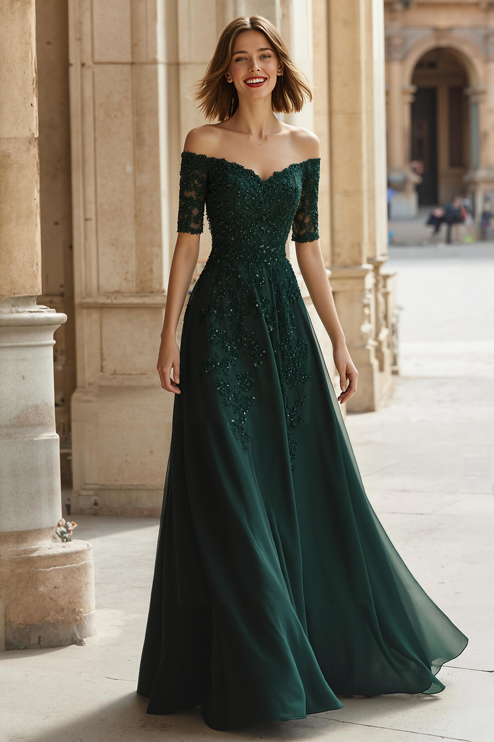 Zapakasa Women Sparkly Pine Green Chiffon Long Mother of the Bride Dress with Beading Off the Shoulder A-Line Short Sleeves Appliqued Wedding Guest Dress Zapakasa Women Sparkly Pine Green Chiffon Long Mother of the Bride Dress with Beading Off the Shoulder A-Line Short Sleeves Appliqued Wedding Guest Dress