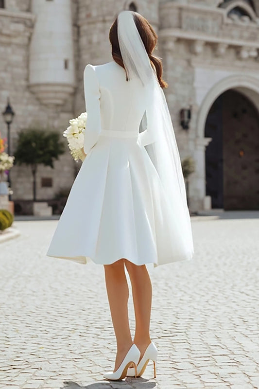 Ivory Satin Short A Line Wedding Dress with Sleeves