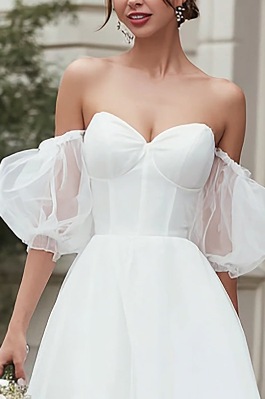 Ivory Tulle A Line Off the Shoulder Midi Wedding Dress