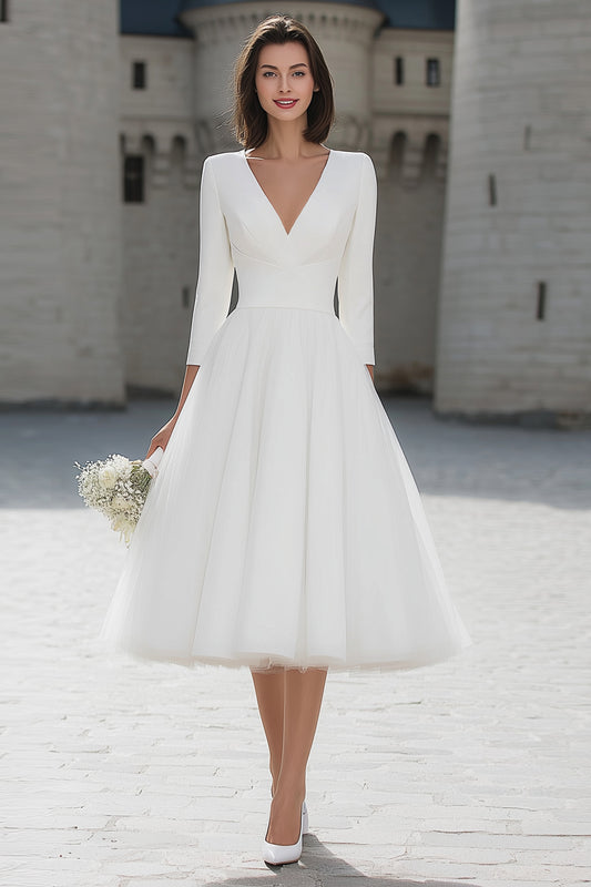 Ivory V-Neck A Line Midi Wedding Dress with Sleeves