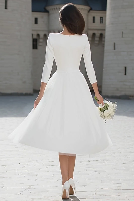 Ivory V-Neck A Line Midi Wedding Dress with Sleeves