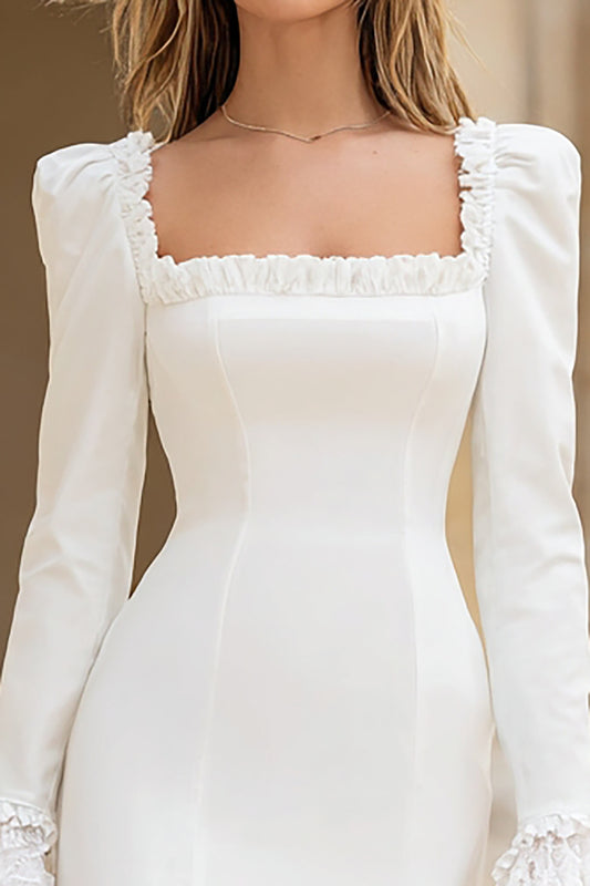 Ivory Satin Square Neck Bodycon Short Bridal Shower Dress with Sleeves