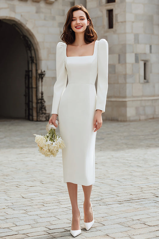 Ivory Bodycon Midi Engagement Dress with Sleeves Satin Square Neck Bridal Shower Dress