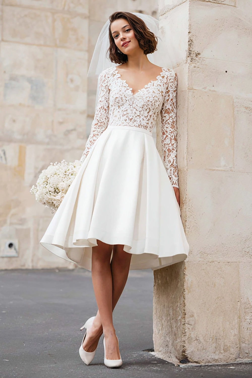 Zapakasa Women Ivory Short Satin Wedding Dress with Lace V-Neck A Line Long Sleeves Bridal Shower Dress Zapakasa Women Ivory Short Satin Wedding Dress with Lace V-Neck A Line Long Sleeves Bridal Shower Dress