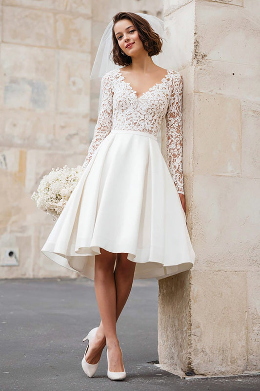 Ivory V-Neck A Line Short Satin Wedding Dress with Lace