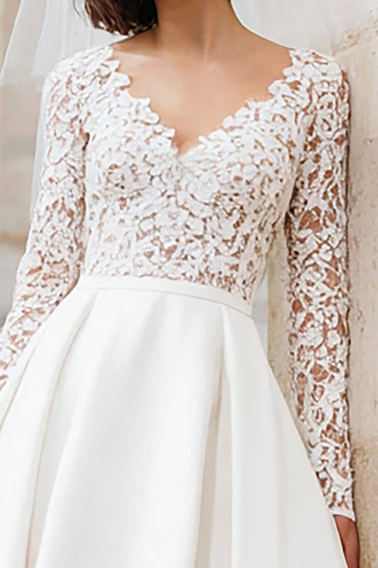 Ivory V-Neck A Line Short Satin Wedding Dress with Lace