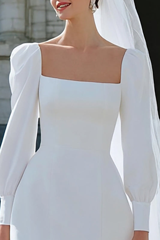 Ivory Satin A Line Short Wedding Dress with Sleeves
