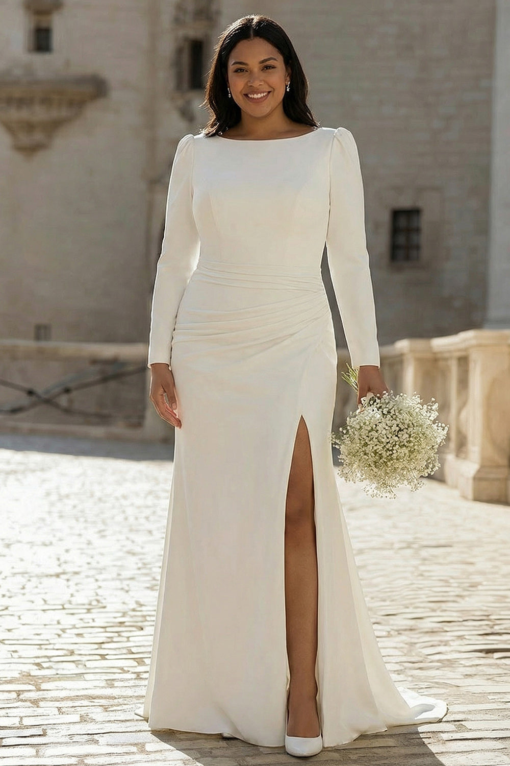 Zapaka Women Bodycon Plus Size Wedding Dress Bateau Neck Ruched Long Sleeves Ivory Satin Sweep Train Slit Bridal Dress, Ivory / US10