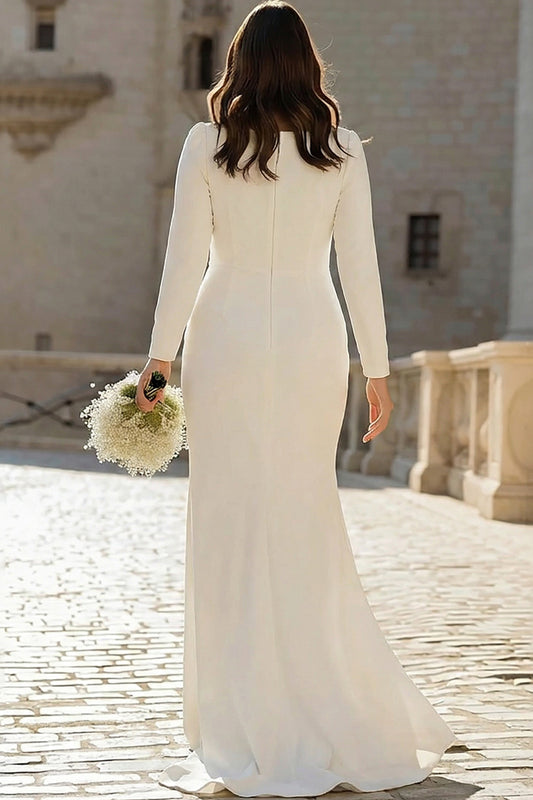 Plus Size Ivory Sheath Bateau Neck Bridal Dress with Slit