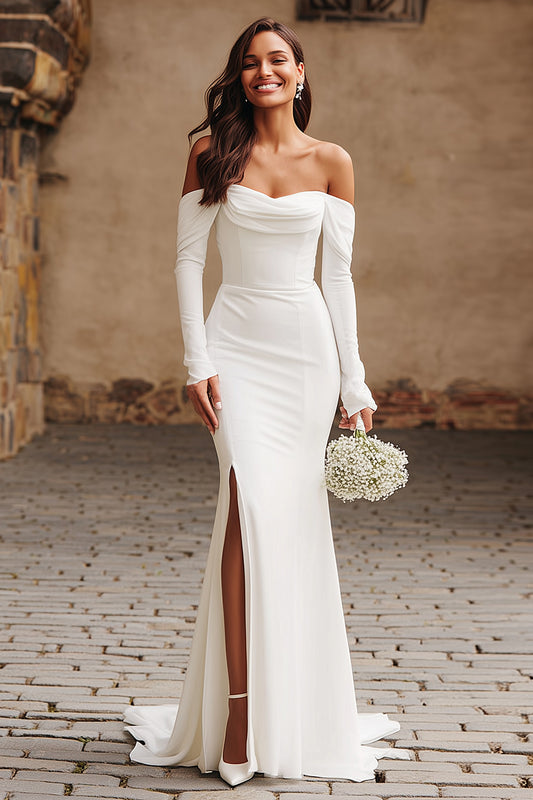 Ivory Mermaid Sweep Train Wedding Dress with Slit