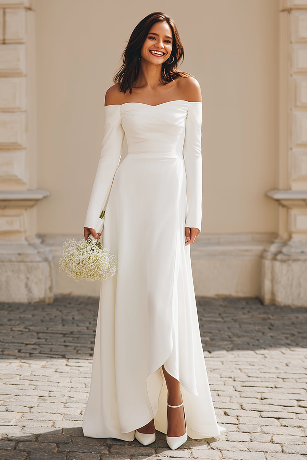 Zapakasa Women Ivory Satin Maxi Engagement Dress with Sleeves Off the Shoulder Sheath Asymmetrical Rehearsal Dinner Dress Zapakasa Women Ivory Satin Maxi Engagement Dress with Sleeves Off the Shoulder Sheath Asymmetrical Rehearsal Dinner Dress