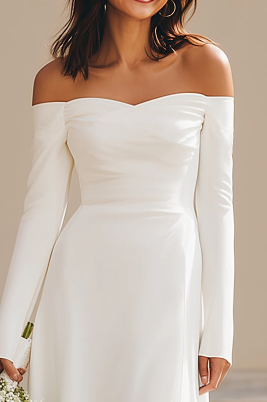 Ivory Off the Shoulder Satin Maxi Engagement Dress with Sleeves