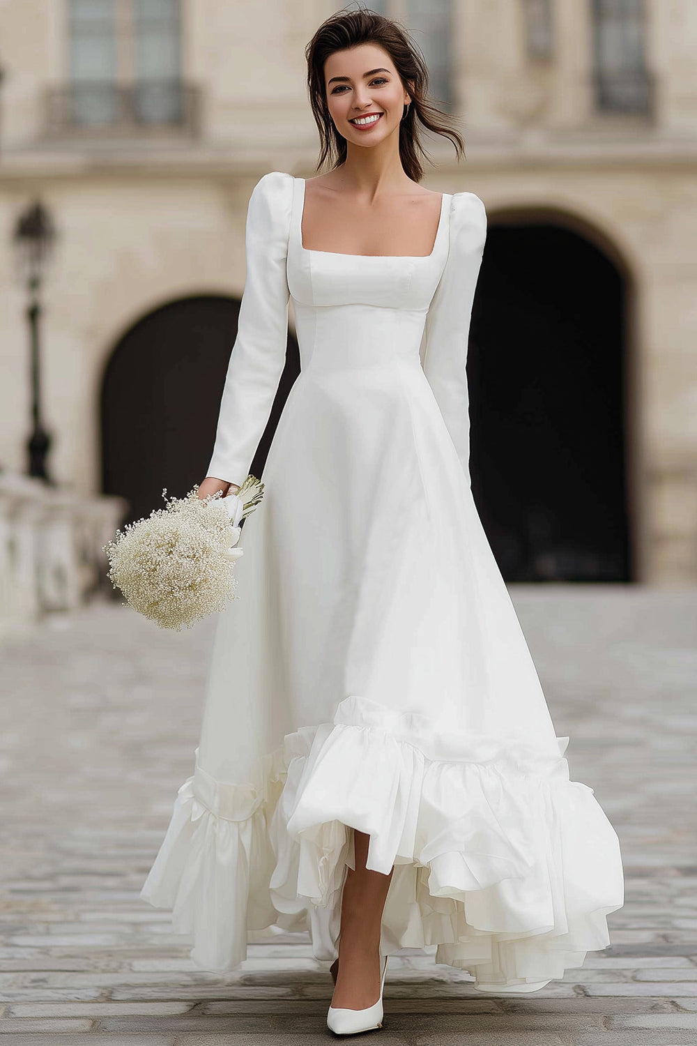 Zapakasa Women Ivory Satin Maxi Engagement Dress with Sleeves A Line Ruffled Square Neck Rehearsal Dinner Dress Zapakasa Women Ivory Satin Maxi Engagement Dress with Sleeves A Line Ruffled Square Neck Rehearsal Dinner Dress