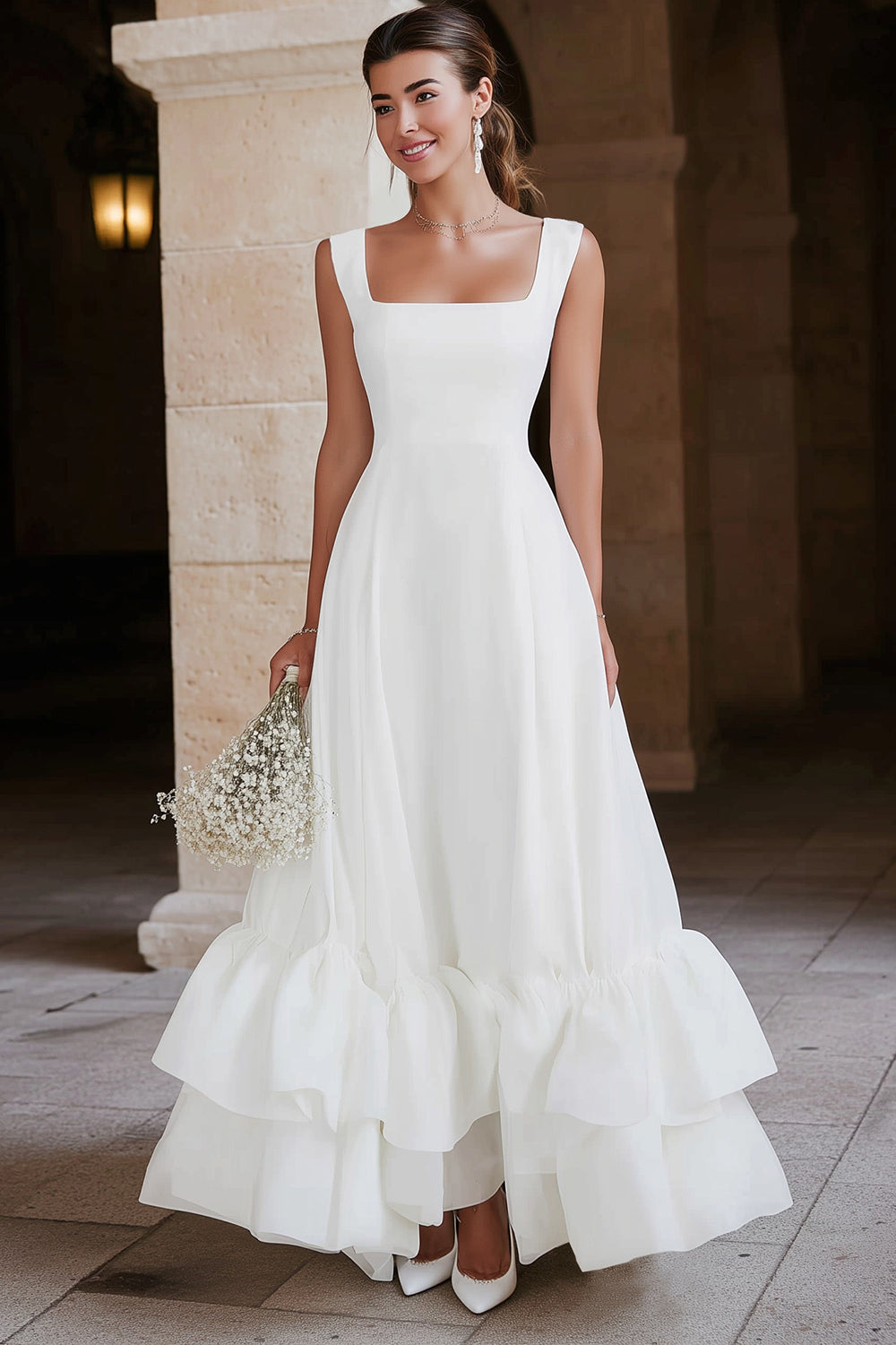 Zapakasa Women Ivory Satin Maxi Engagement Dress with Ruffles A Line Tiered Square Neck Rehearsal Dinner Dress Zapakasa Women Ivory Satin Maxi Engagement Dress with Ruffles A Line Tiered Square Neck Rehearsal Dinner Dress