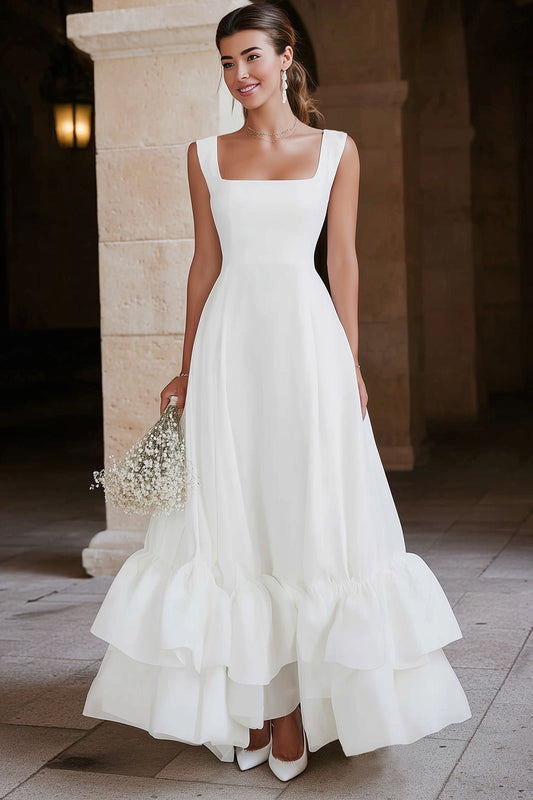 Ivory A Line Satin Tiered Maxi Engagement Dress with Ruffles