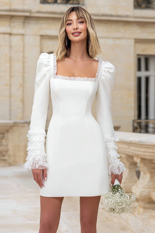 Ivory Square Neck Long Sleeves Short Bridal Shower Dress with Ruffles