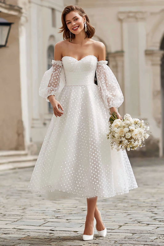 Ivory A Line Tulle Off the Shoulder Midi Wedding Dress