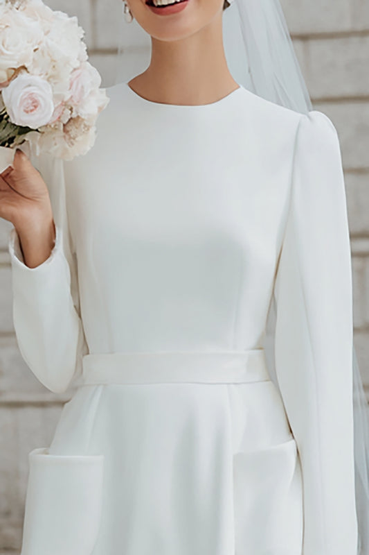 Ivory A Line Round Neck Long Sleeves Short Wedding Dress with Pockets