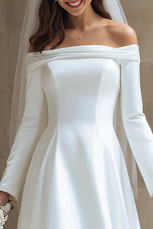 Ivory A Line Off the Shoulder Satin High Low Wedding Dress with Sleeves