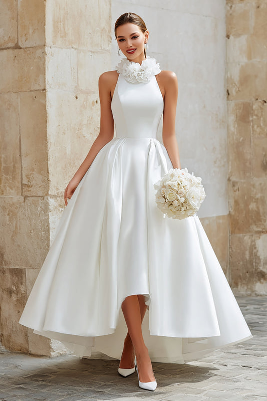 Ivory Princess High Neck Satin High Low Floral Wedding Dress