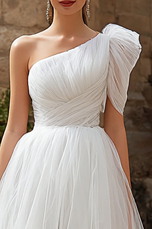 Ivory One Shoulder Tulle A-Line High Low Wedding Dress