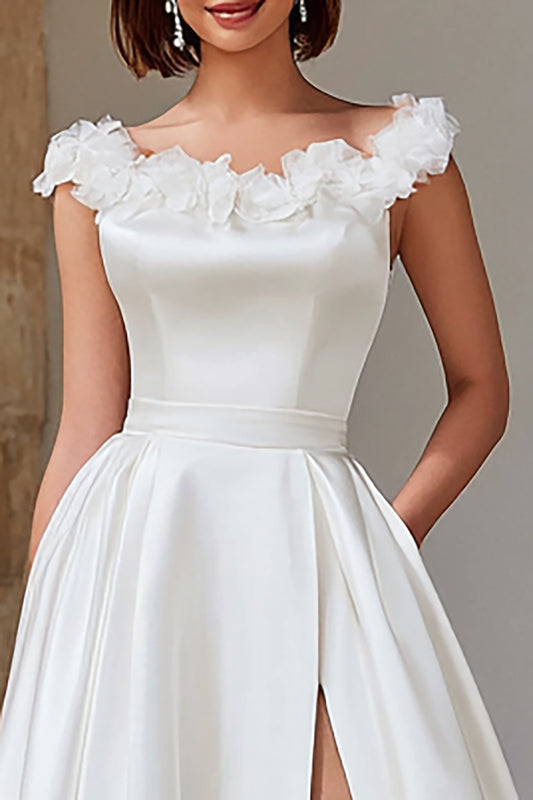 Ivory Satin Princess Boat Neck Wedding Dress with Slit