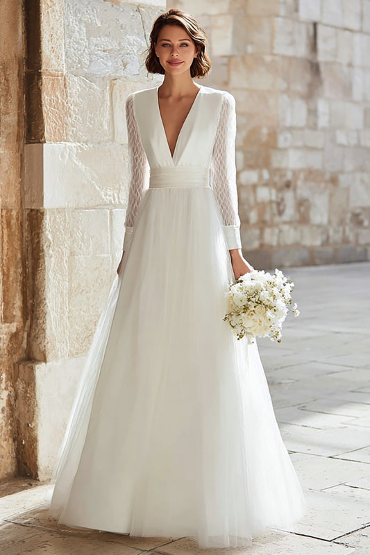Ivory V-Neck Tulle Long Sleeves A-Line Floor Length Wedding Dress