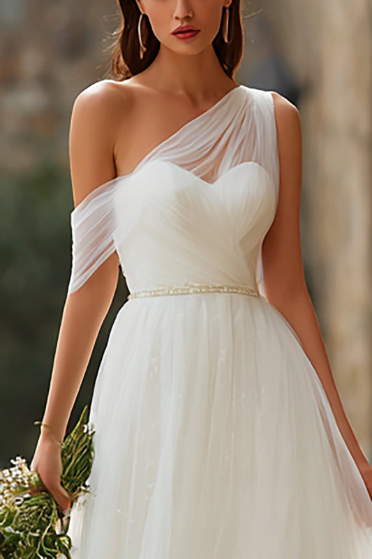 Ivory One Shoulder Tulle A-Line Floor Length Wedding Dress