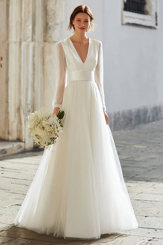 Ivory Tulle V-Neck A-Line Floor Length Wedding Dress with Sleeves