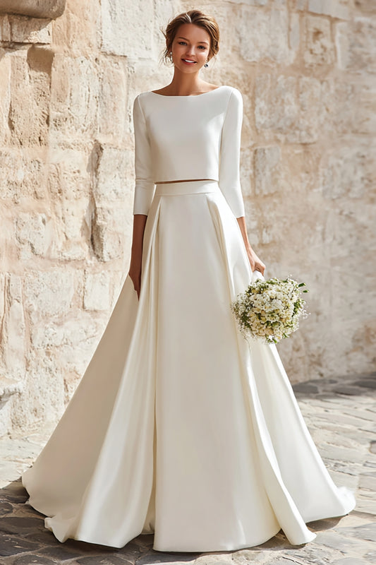Ivory Satin 2 Piece A-Line Boat Neck Long Wedding Dress with Sleeves