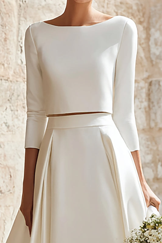 Ivory Satin 2 Piece A-Line Boat Neck Long Wedding Dress with Sleeves