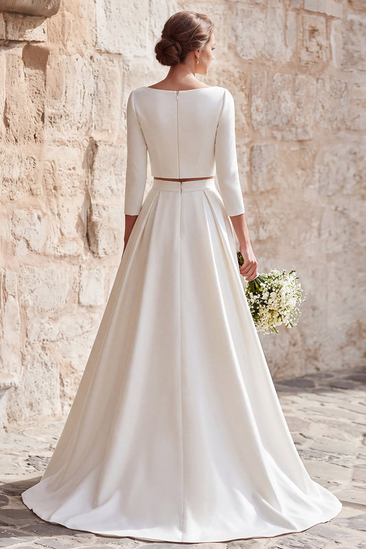Ivory Satin 2 Piece A-Line Boat Neck Long Wedding Dress with Sleeves