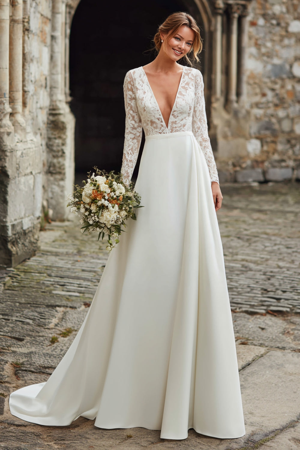 Zapaka Women Ivory Beach Deep V-Neck Wedding Dress with Lace A Line Sweep Train Bridal Dress with Sleeves, Ivory / US24W Zapaka Women Ivory Beach Deep V-Neck Wedding Dress with Lace A Line Sweep Train Bridal Dress with Sleeves, Ivory / US24W
