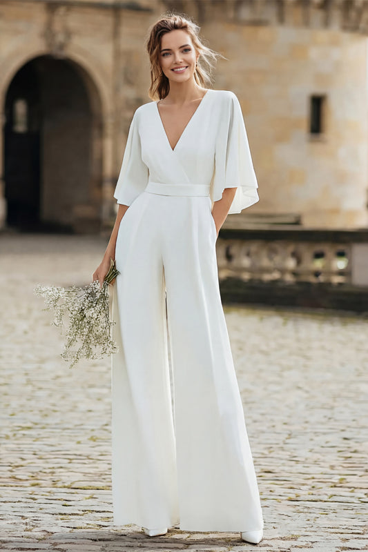 Ivory V-Neck Half Sleeves Long Wedding Jumpsuits with Pockets