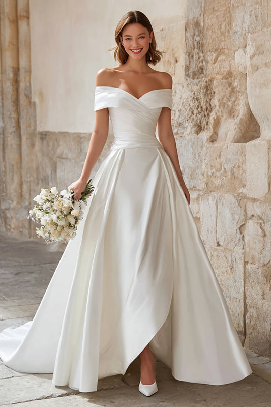 Ivory Off the Shoulder Satin A-Line Sweep Train Wedding Dress