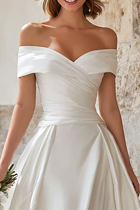 Ivory Off the Shoulder Satin A-Line Sweep Train Wedding Dress