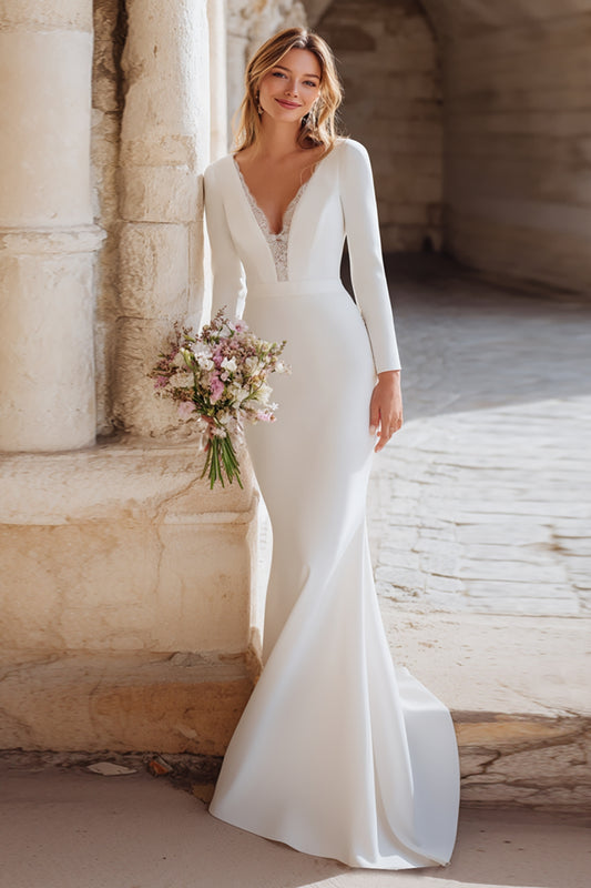 Ivory V-Neck Mermaid Long Sleeves Sweep Train Wedding Dress with Lace
