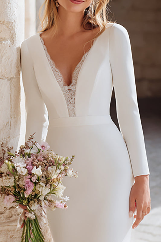 Ivory V-Neck Mermaid Long Sleeves Sweep Train Wedding Dress with Lace