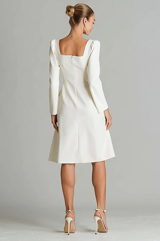 Ivory Square Neck A Line Midi Work Dress with Sleeves
