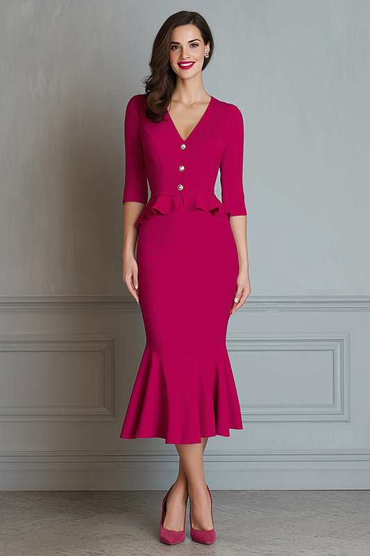 Fuchsia V-Neck Mermaid Ruffled Midi Work Dress with Sleeves