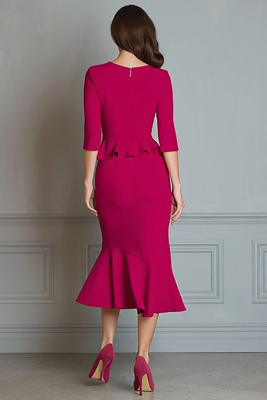 Fuchsia V-Neck Mermaid Ruffled Midi Work Dress with Sleeves